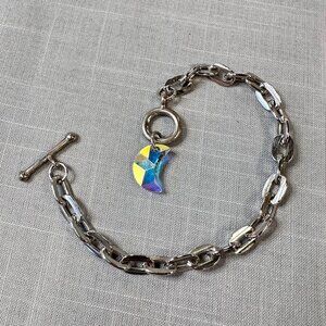Silver Tone Large Link Bracelet with AB Moon Charm